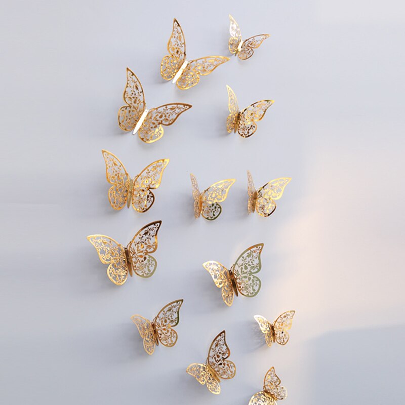 12Pcs Set Butterfly Home Decorations 3D Wall Stickers Decals Metallic Art DIY Removable Resistance Paper Murals Bedroom Stickers