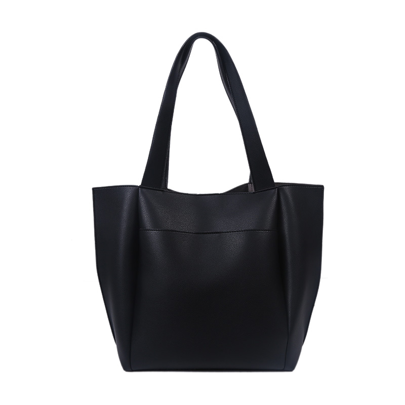 Tote casual da donna in morbida pelle di alta qualità Shopper in tinta unita Borsa a tracolla singola di grande capacità con tasca esterna: Style 1 Black