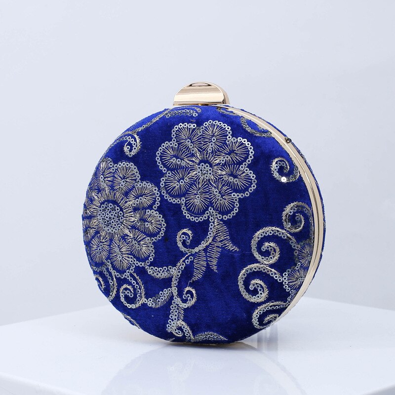 Velour Round Shape Evening Bags Clutch Bag With Chain Small Handbags Wedding Banquet Embroidered Flower Clutches Purse Retro