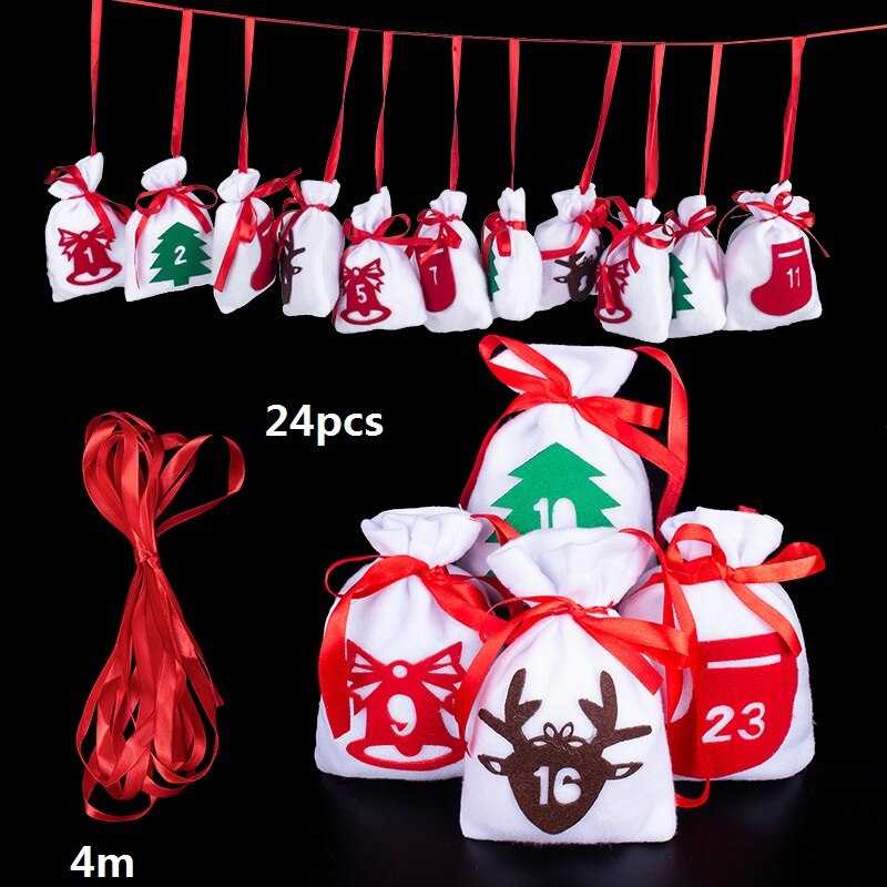 24 stuks/set doe-het-zelf adventskalender aftelkalender fluwelen zakjes met rood touw kerst trekkoord snoepzakjes jaarzak