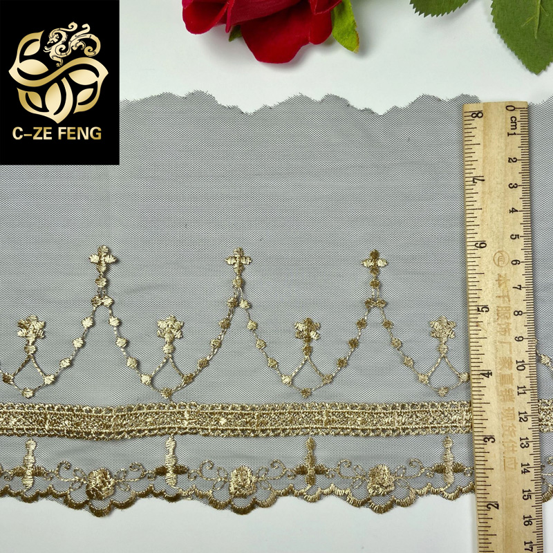 Tela de encaje de malla negra , 15CM de ancho, bordado de hilo dorado, cinta embellecedora para vestido, guipur, bufanda, ropa, costura de manualidades de decoración
