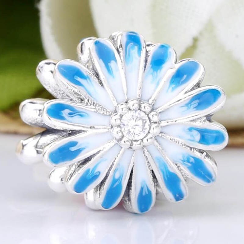 Originele Blauw Daisy Bloem Met Kristal Kralen Fit 925 Sterling Silver Bead Charm Armband Diy Sieraden