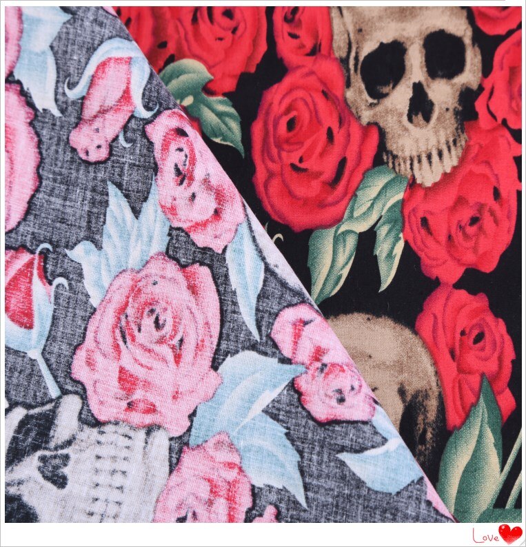 Beautiful 145cm Wide Rose Skull Print Fabric Cotton Fabric Per Meter Patchwork for Sewing Quilting DIY Women Dress Material