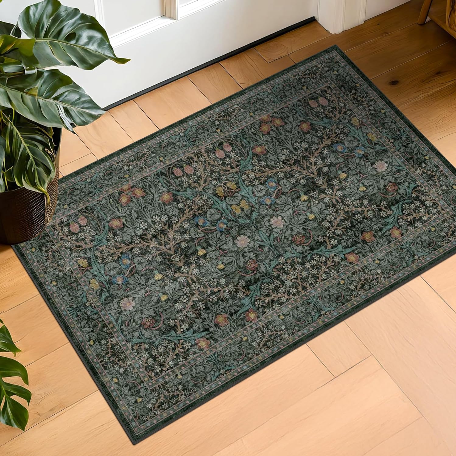 Alfombra de entrada lavable de color verde oscuro, alfombras para puerta delantera, alfombras pequeñas para baño interior, alfombra fina Floral Vintage para decoración bohemia de cocina: 40x120 cm / Borgoña