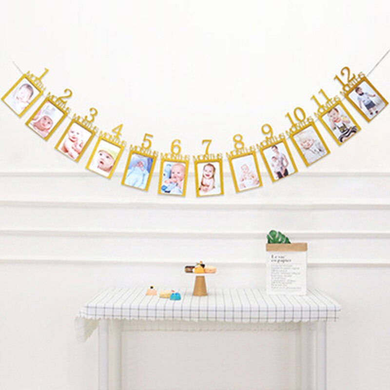 12 Months Photo Frame Banner First Happy Birthday Party Decoration Kids 1st Baby Boy Girl One Year Birthday Supplies Baby Shower