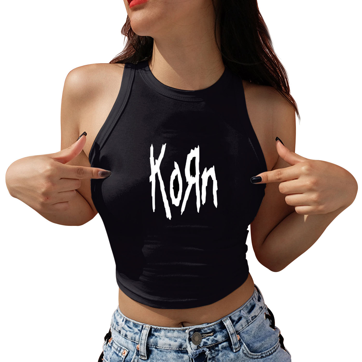 Korn punk rock tryck kläder beskurna toppar kvinnor estetisk svart streetwear kort linne grafisk gotisk väst: Xl / Svart