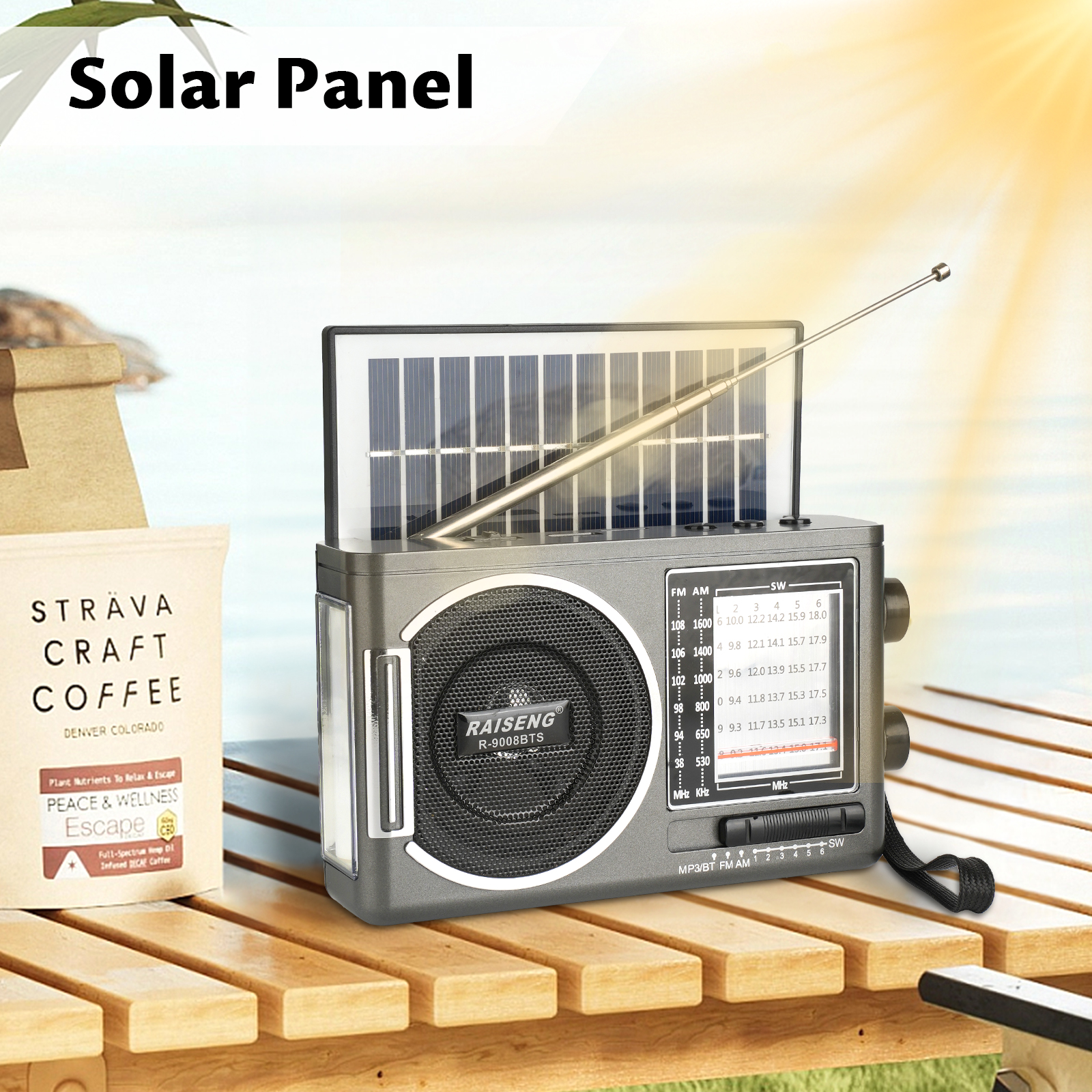 9008BTS classic solar radio, AM/FM speaker, USB/TF card interface, 3 charging methods, suitable for outdoor activities