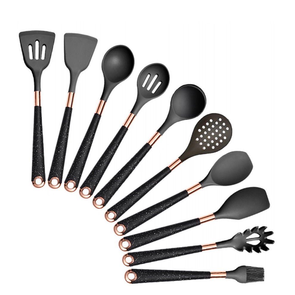 Silicone Cooking Utensils Set Heat Resistant Kitchen Spatula Spoon Non-Stick Tools With Rose Gold-Plated Handle And Holder: Yellow