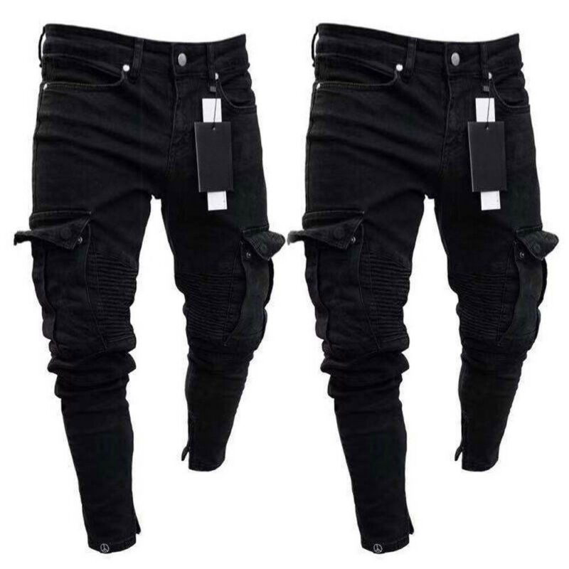 noir Jean hommes Denim Skinny Biker Jeans détruit effiloché Slim Fit poche Cargo crayon pantalon grande taille S-3XL