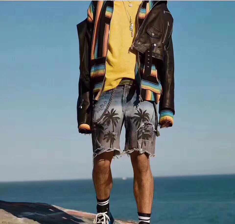 Mens jeansshorts vanliga hiphop knälånga shorts med korta hål för män sommar hawaii kokosnöt träd shorts