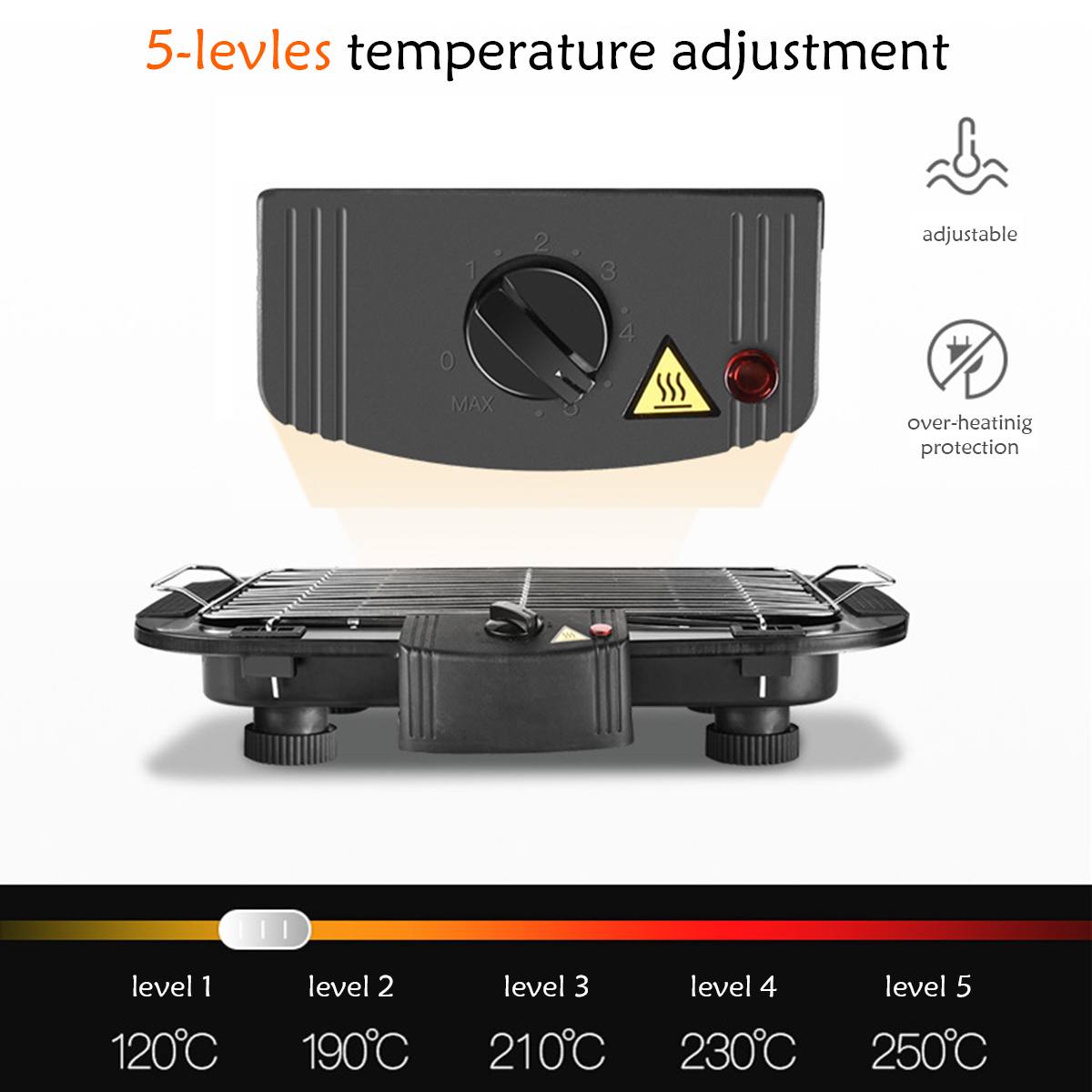 2000W Electric BBQ Grill Smokeless Barbecue Machine Household Indoor 5-Level Temperature Table Top Smokeless Tool for Camping