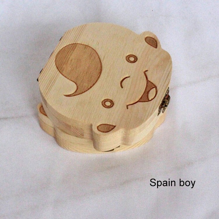 1 stk spansk engelsk russisk baby træ tandkasse mælketænder opbevaring indsamle legetøj tænder navlestreng gem legetøj til baby barn: Spanien dreng