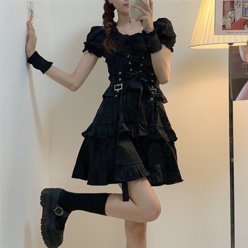 Vestido negro gótico de Lolita para mujer, prenda estilo Lolita, Victoriano, renacentista, Retro, Punk, manga abombada