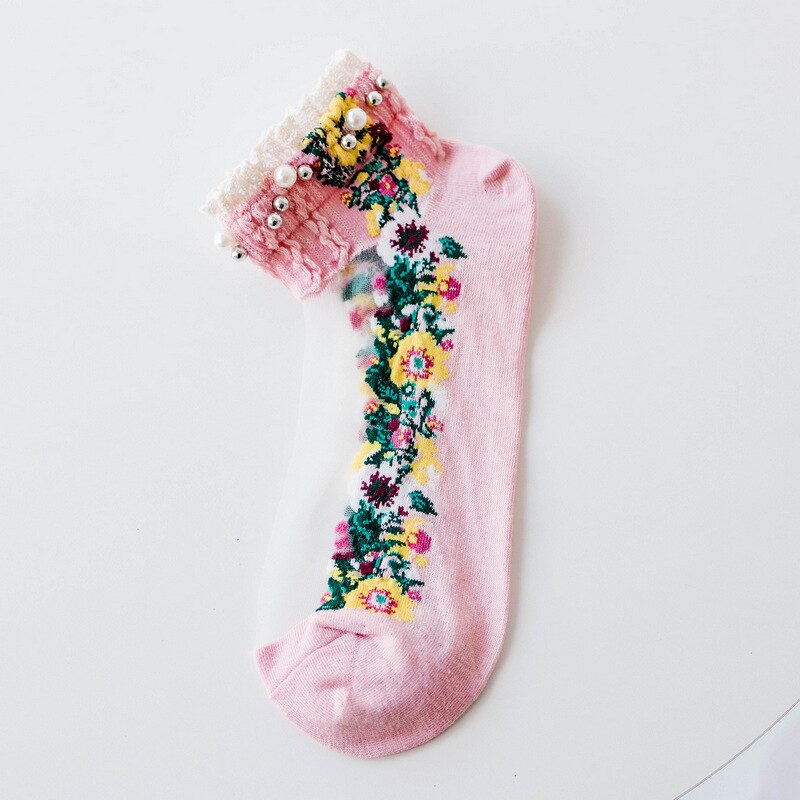 Spring Summer Retro Ankle Socks Pearl LIttle Floral Sock Mesh Patchwork Breathable Cotton Scck Cute Soft National style Hosiery: Pink