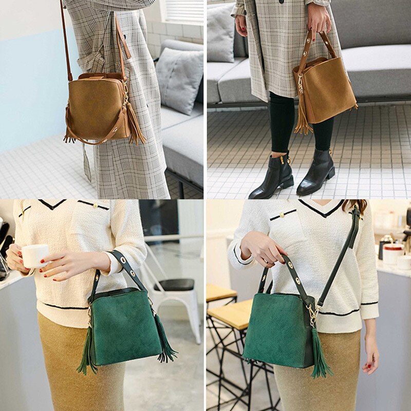 Women Tassel Shoulder Bags Handbag Scrub Bucket Bags Crossbody Bag