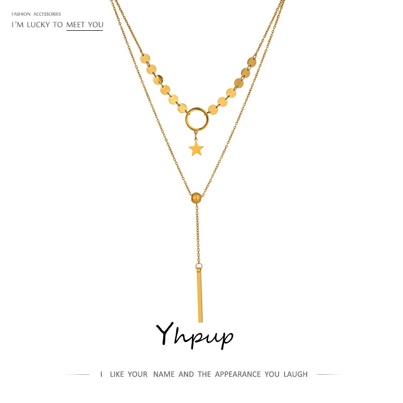 Yhpup Stylish Layered Cylinder Pendant Chain Necklace Charm Gold Metal Choker Stainless Steel Necklace collane donna statement