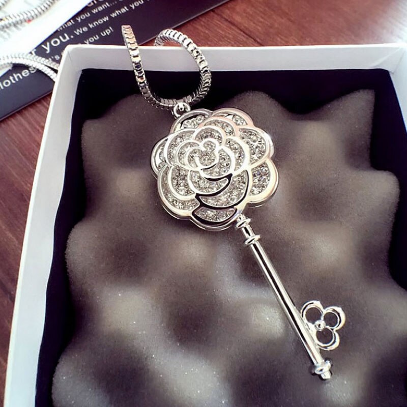 Rose Bloem Sleutel Hanger Lange Ketting Vrouwen Koreaanse Luxe Sieraden Collier Femalel Collana Colar Ketting: Silver