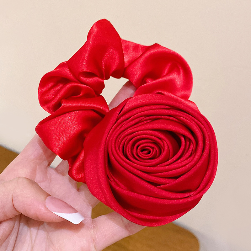 Cinta elástica para el cabello con flores rosas para mujer y niña, lazos de cuerda para el cabello, coleteros con flores, accesorios para el cabello: Negro