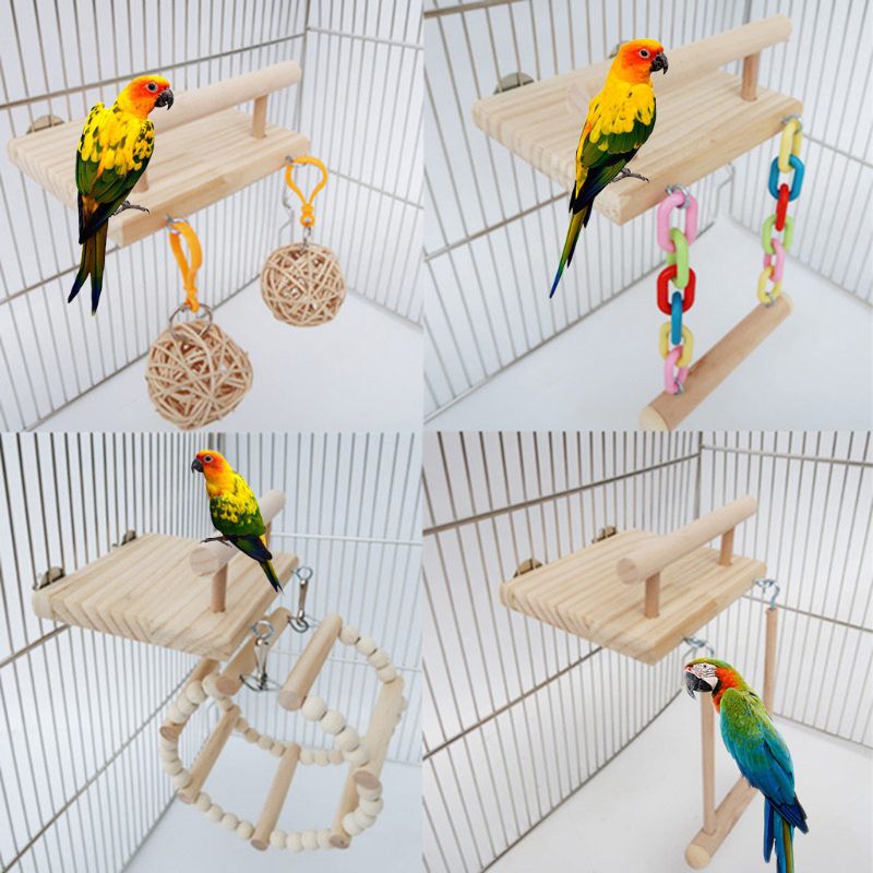 Jaula de madera para pájaros, loros, juguetes, hámster, juego de gimnasio, soporte con bola de ratán de oscilación de madera, suministros de juguetes para aves