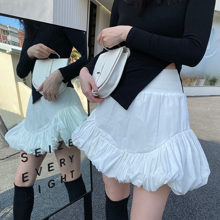 Black Wrap Rokken Vrouwen Zomer Koreaanse Onregelmatige Plisse Puffy Mini Rok Vrouwelijke Witte Hoge Taille Slanke Bud Korte Rok Plus size