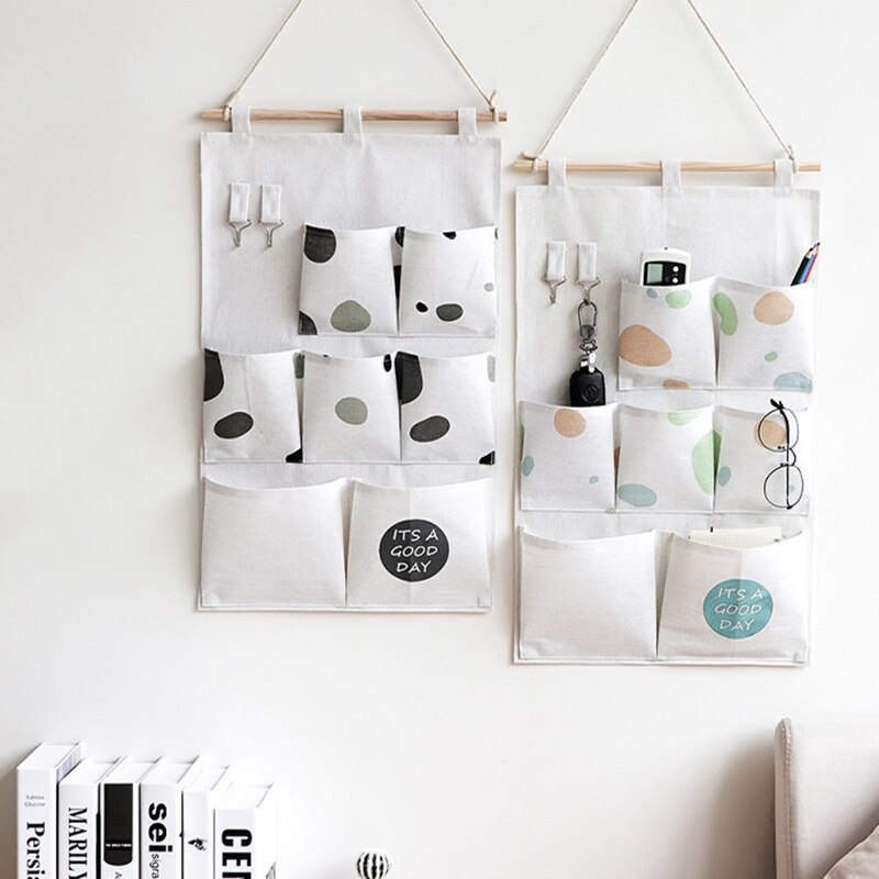 Cotton and Linen Wall-Mounted Storage Bag 7Pouch Hanging Pokcet with Hook Bedroom Door Household Toys Sundries Container
