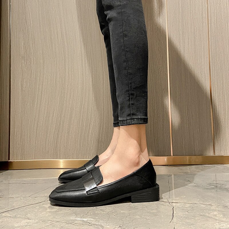 Zapatos planos con punta redonda y plataforma para mujer, mocasines suaves y poco profundos con piel, informales, para otoño,
