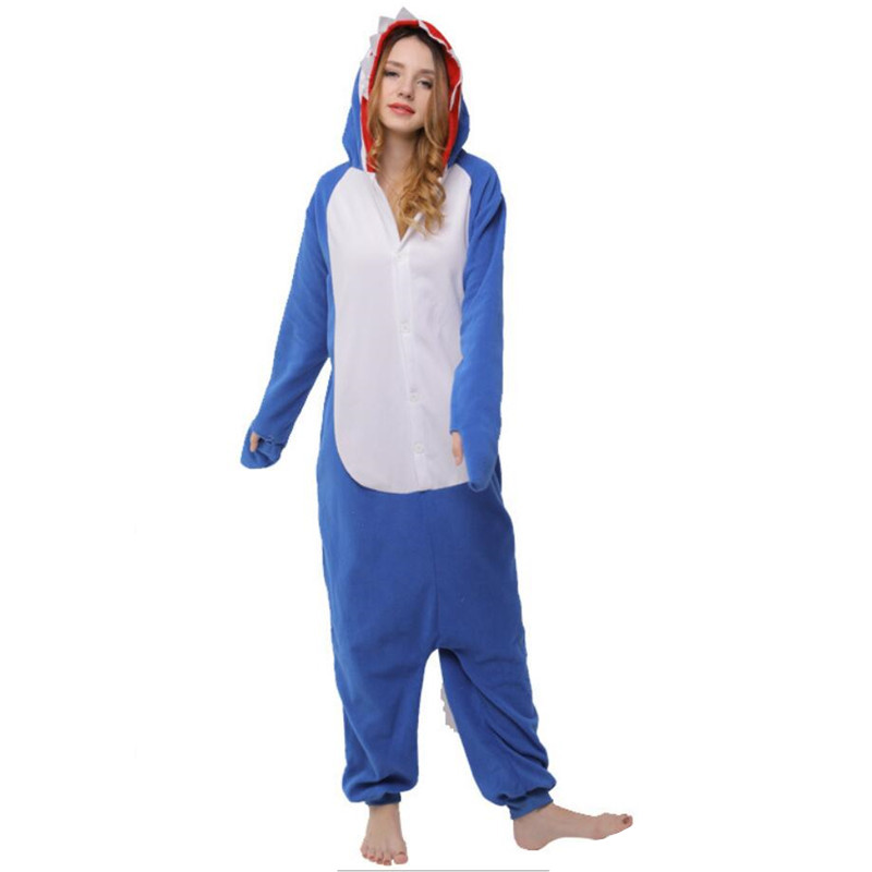 Blauwe Haai pyjama Polar Fleece Cosplay Kostuum Vrouwen Adult Fancy Leuke Dier Onepiece Warm Winter Party