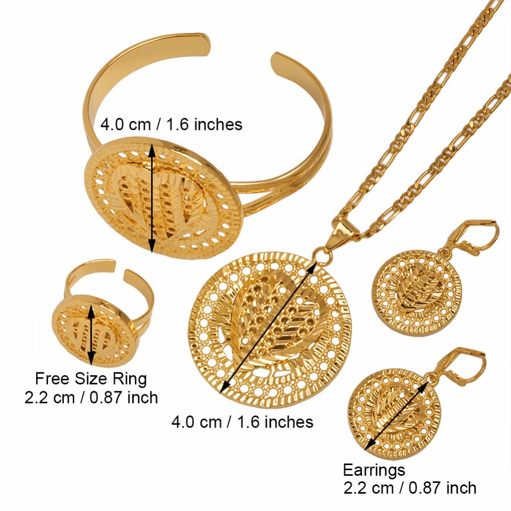 Anniyo serce Dubai biżuteria zestawy etiopskie naszyjniki kolczyki pierścień bransoletka złoty kolor, arabska afrykańska biżuteria ślubna zestawy #101706