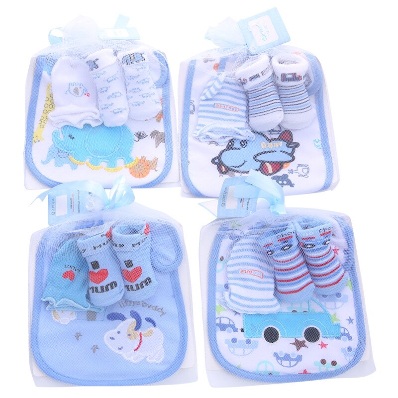 1 bag Baby Cotton Bibs Towel Socks Sets Newborn Kids Burp Cloths+Socks +Anti-scratch Gloves Boys Girls Christmas Birthday