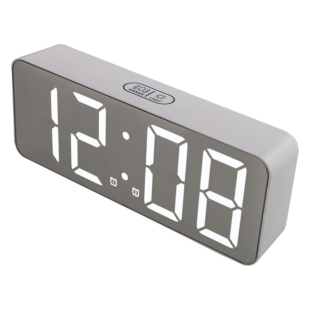 1pc LED Mirrored Surface Digital Alarm Clock Calendar Desk Clock without Battery: White Silver