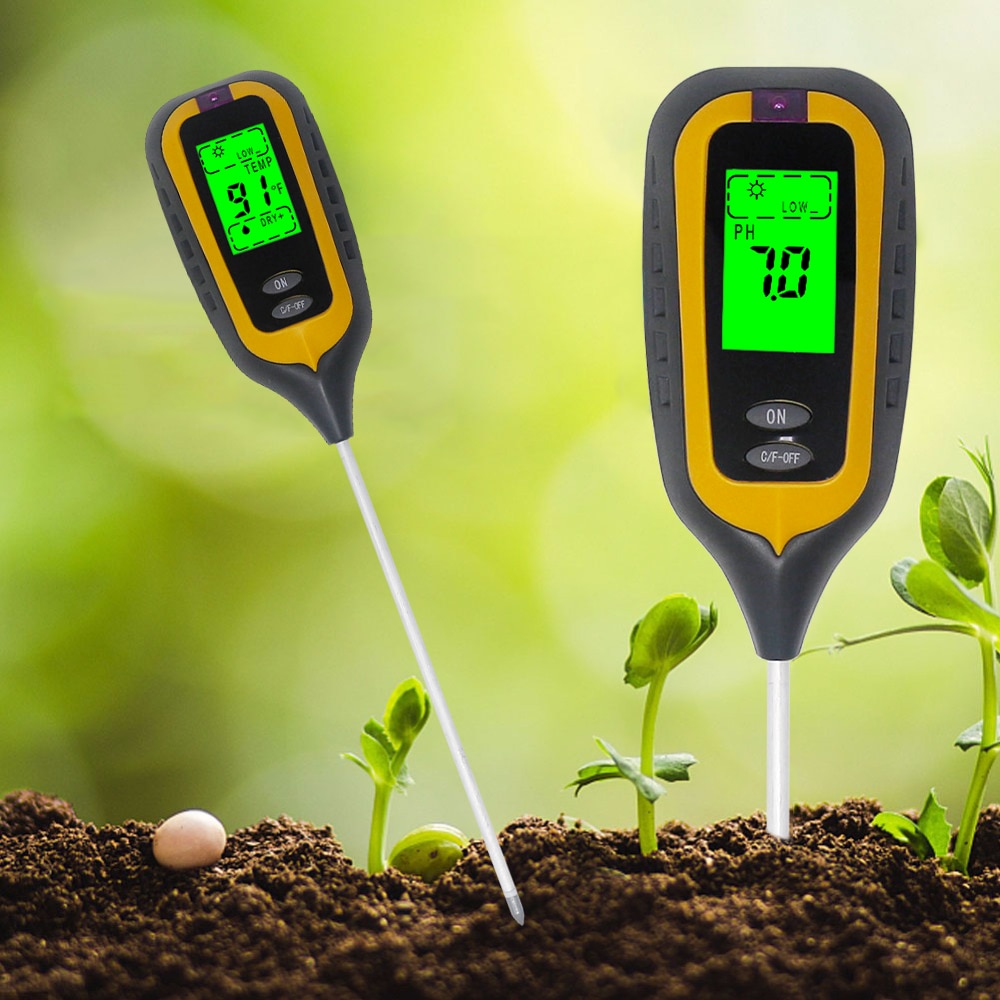4 in 1 Bodemvochtmeter, Digitale Planttemperatuur/bodemvocht/PH-meter/vochtigheidsmeter, LCD-scherm met Achtergrondverlichting Bodemtestmeter voor Tuinieren, Landbouw en Buitenplanten