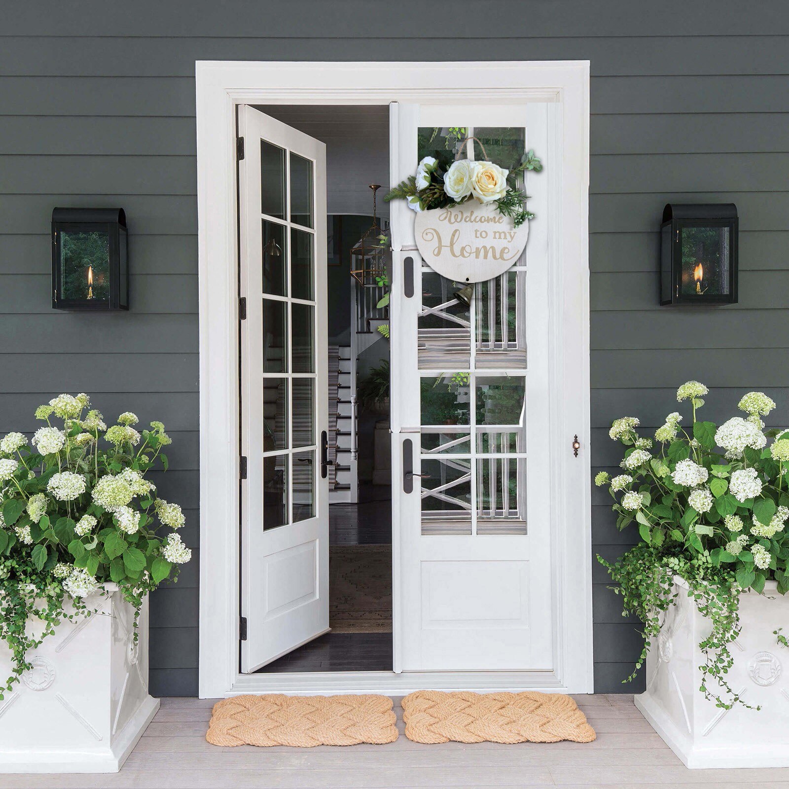 Garden Welcome Sign Wood Flower Wreath Spring Wedding Hanging Front Door Sign Welcome Wall Sign Home pendant Decoration