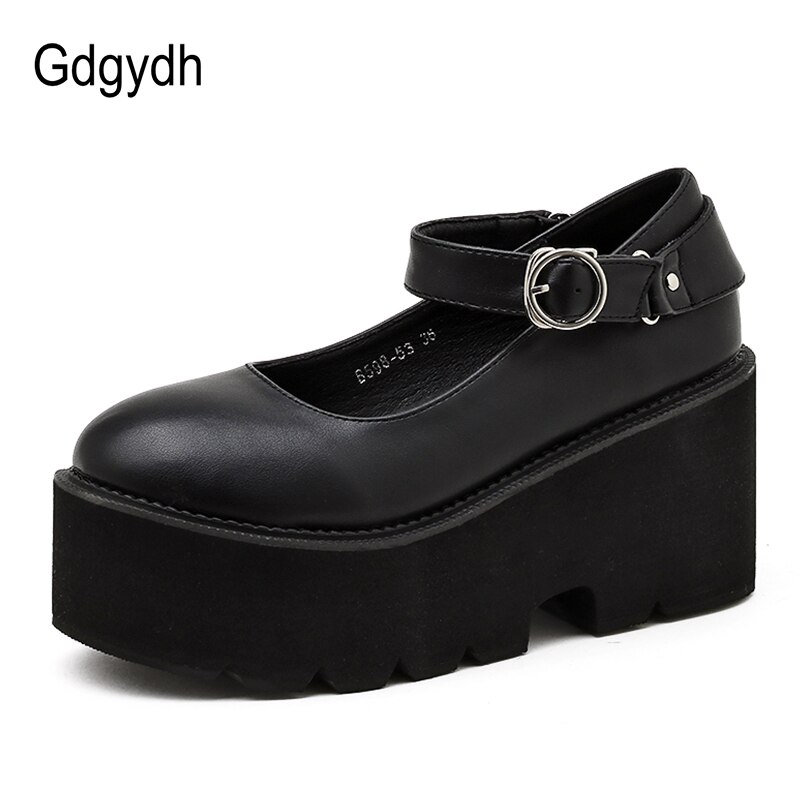 Gdgydh japońskie słodkie buty Lolita damskie buty na obcasie buty na koturnach dla studentów okrągła głowa czarna wodoodporna ozdoby metalowe