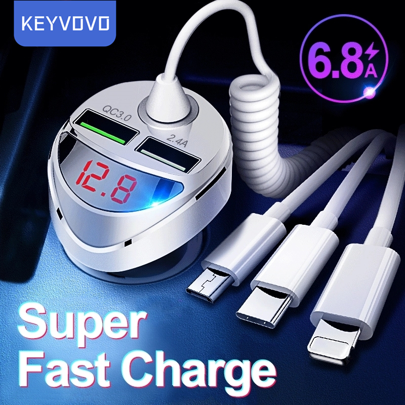 3 in 1 qc 3,0 fast car charger with cable for iphone 13 12 11 samsung xiaomi huawei micro usb type c fast mobile phone charging charger
