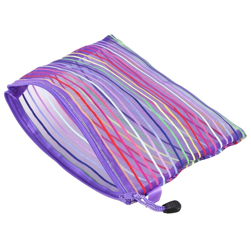 A5 Nylon Stripe Zipper Closure Documents Mesh File Bag - Purple