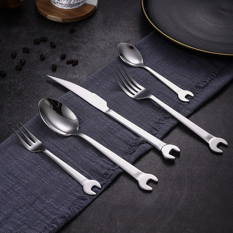 6Pcs Wrench Shape Tea Fork Spoon Knife 304Stainless Steel Dinner Spoon Coffee Cutlery Set Tableware Kitchen Accessories