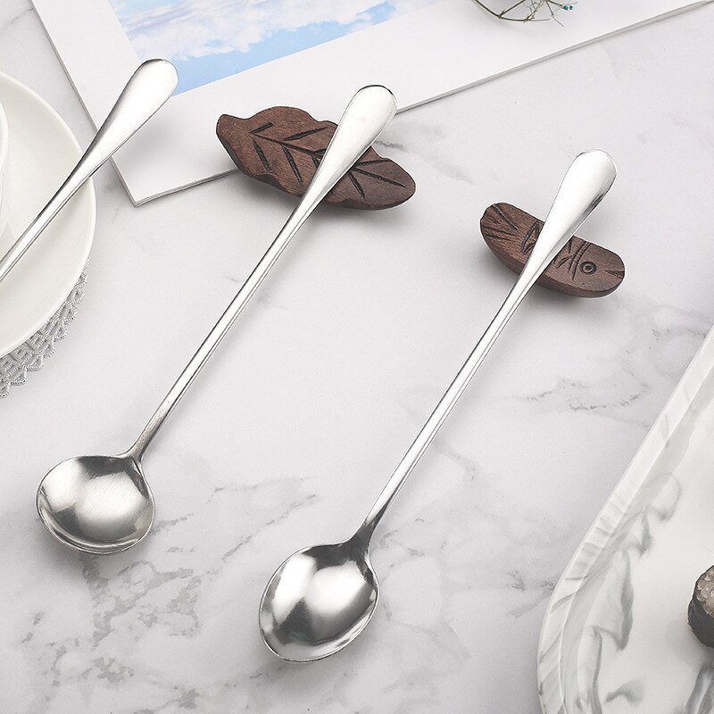 Utensilios de cocina ovalados/redondos, 19CM, cuchara de café plateada, mango largo de acero inoxidable 410, multiusos, 1 Uds.