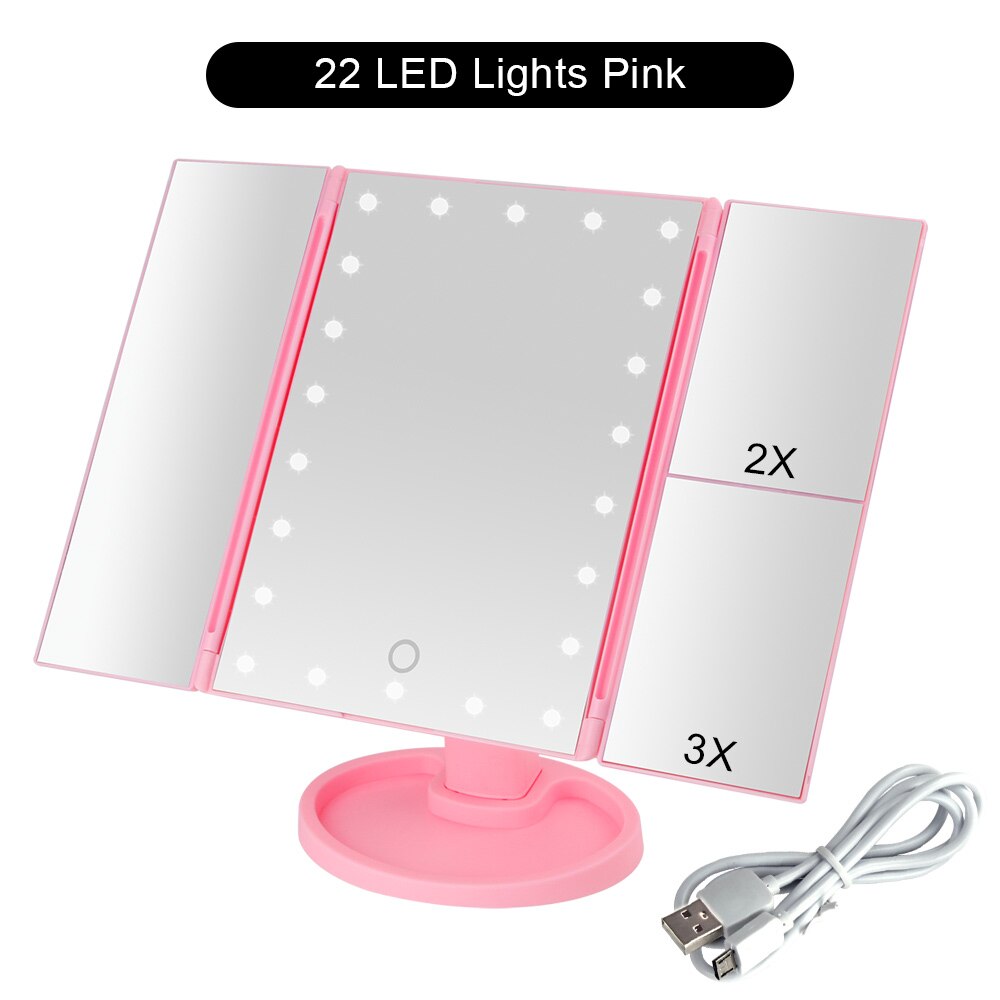 22 lys makeup spejl led touch screen bord bord makeup 1x/2x/3x/10x forstørrelses spejle 3 folde justerbart makeup spejl: Pk 22 lys usb