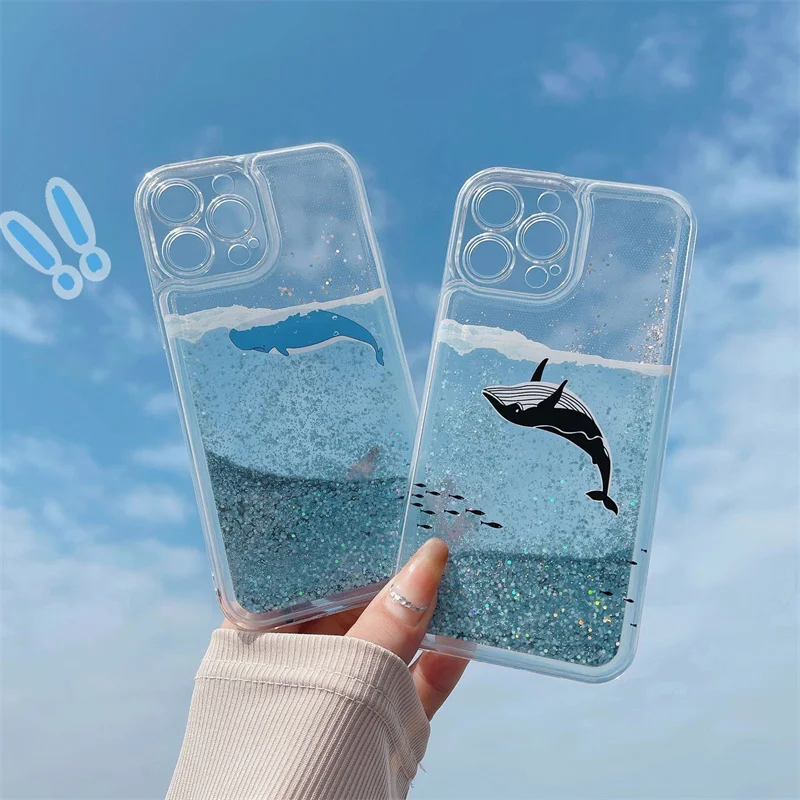 Glanzende Sparkles Drijfzand Case voor iPhone 13 14 Pro Max Cover Shark Dolphin El Iphones 16 15 15 Pro Funda Vloeibare Carcasa Zachte Romp