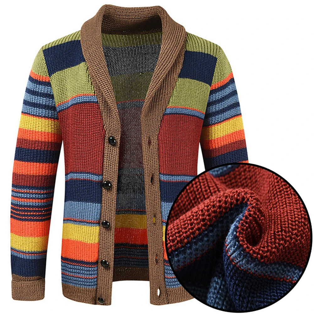 Herbst Winter Herren Regenbogen Revers Pullover Mantel Knopf Langarm farblich passend Strickjacke Mantel lässig lose Straße Herren bekleidung
