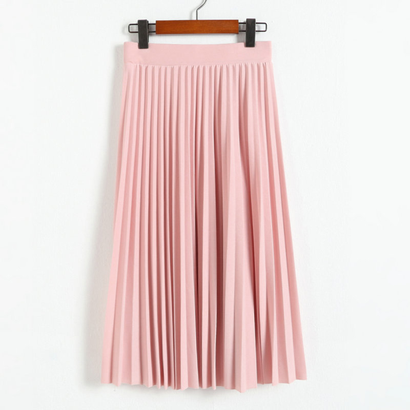 Spring and Autumn Women's High Waist Pleated Solid Color Half Length Elastic Skirt Promotions Lady Black Pink: Pink