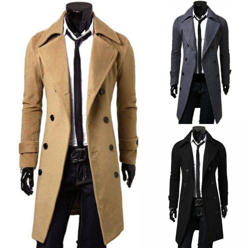 Män jacka varm vinter trenchcoat lång ytterkläder knapp överrock man casual vindjacka överrock jackor rockar ullblandningar