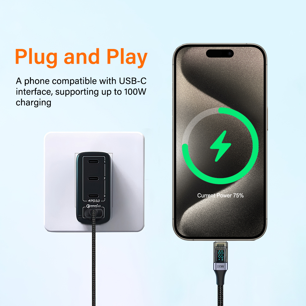 USB C Cable PD 100W Digital Display USB C to C Data Cord 0.5M/1M/2M Quick Charge Type-C Charging Line for Mobile Phone Laptop