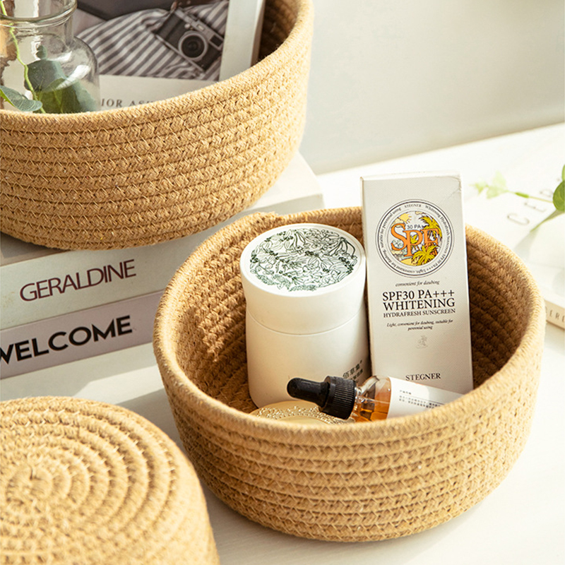 Panier de rangement tissé en fil de coton, boîte de rangement de bijoux de bureau, petit panier télécommandé, conteneur de finition de cosmétiques