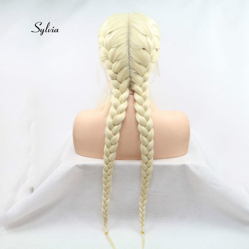 Sylvia Licht blond Doppel flechten Perücke Mit Baby Haar Synthetische flechten Spitze Vorderseite Perücken Wärme Beständig Faser Haar Mittelscheitel