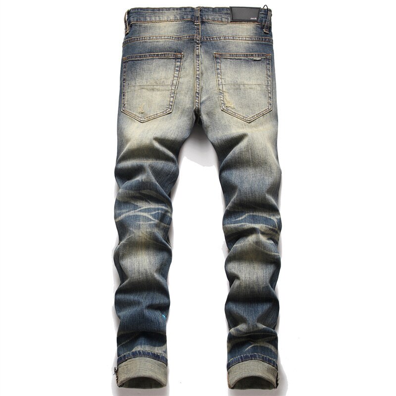 Pantalones vaqueros de verano para hombre, Jeans elásticos rasgados con agujeros, bordado de oso, Patchwork, Hip Hop, azul claro, ropa de calle