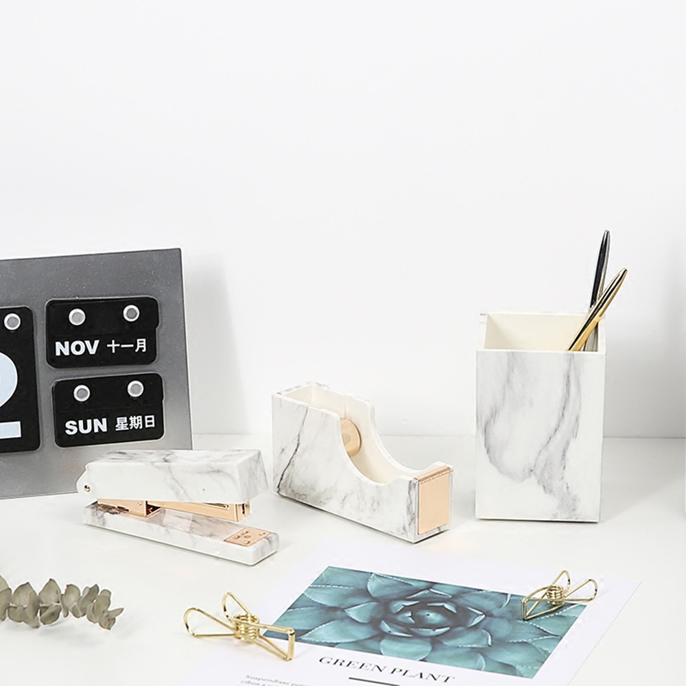 White Marble Texture Desktop Adhesive Tape Dispenser Gold Tone 1" Metal Core Tape Holder for Office School Supplies