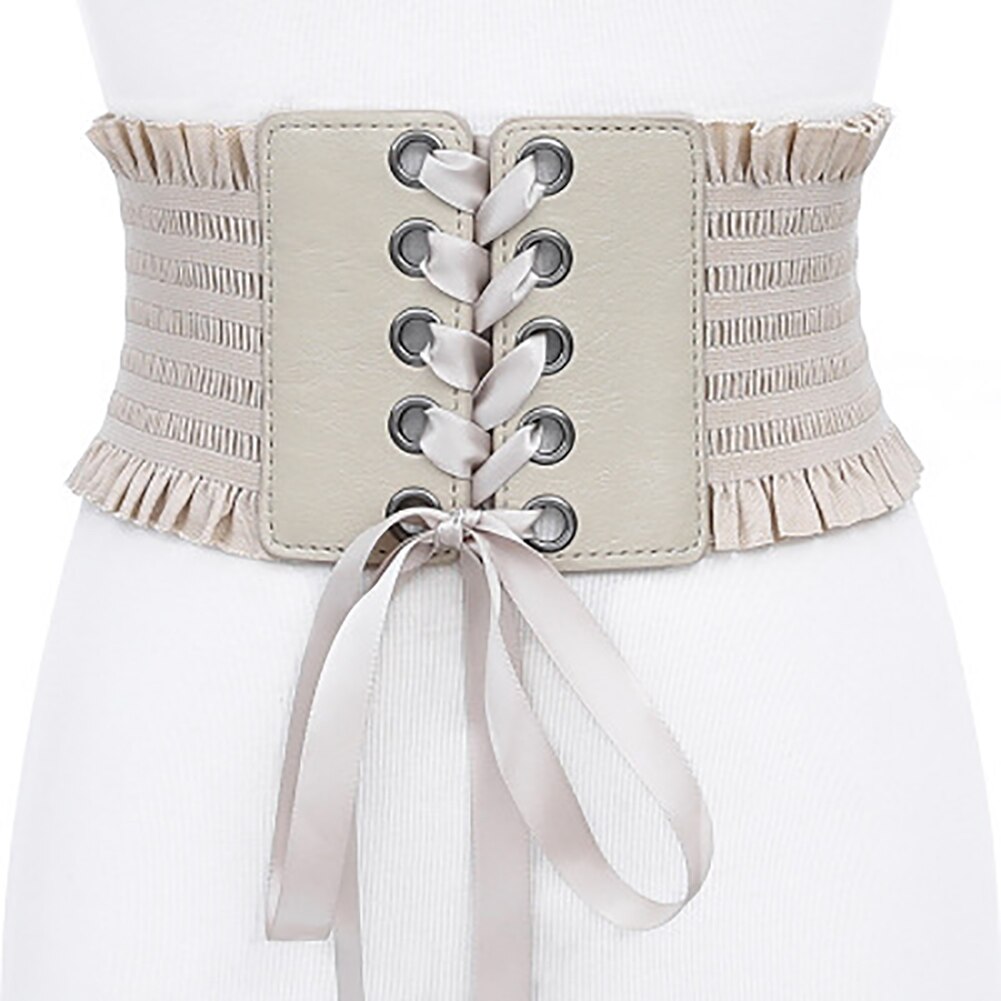 High Waist Adjustable Bands Lace Up Strap Elastic Corset Wide Girdle Tie Women Belt Tassel Girls Bowknot: Khaki