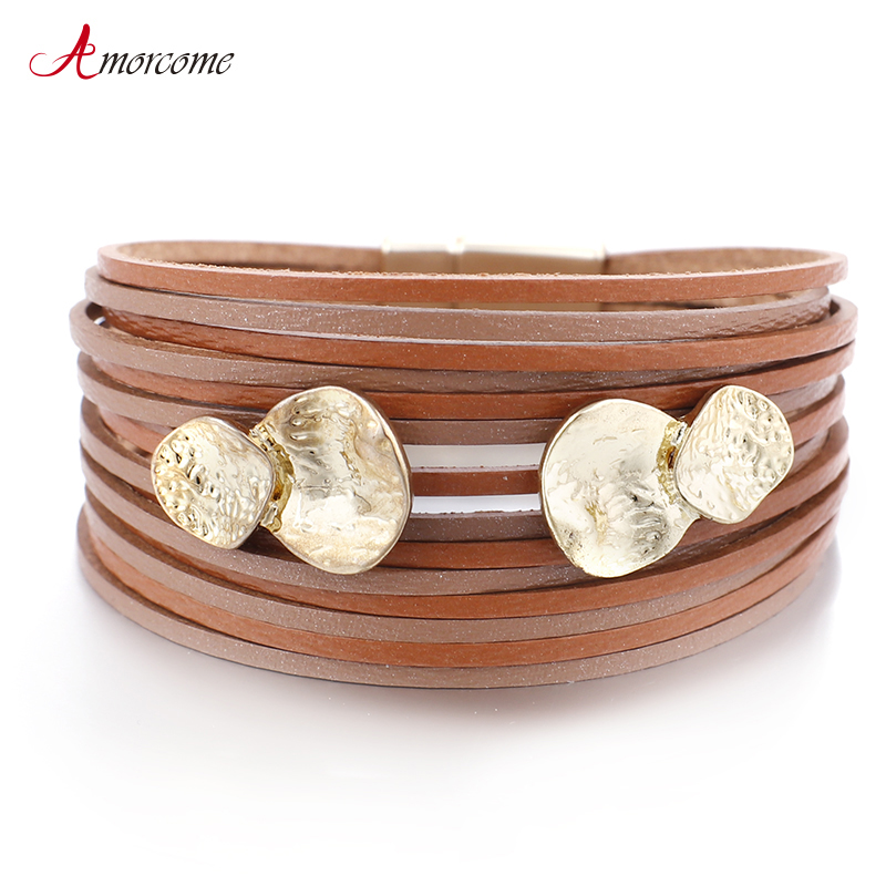 Amorcome Multilayers Onregelmatige Metalen Charm Lederen Armband Voor Vrouwen Armbanden Wide Wrap Armband Vrouwelijke Sieraden