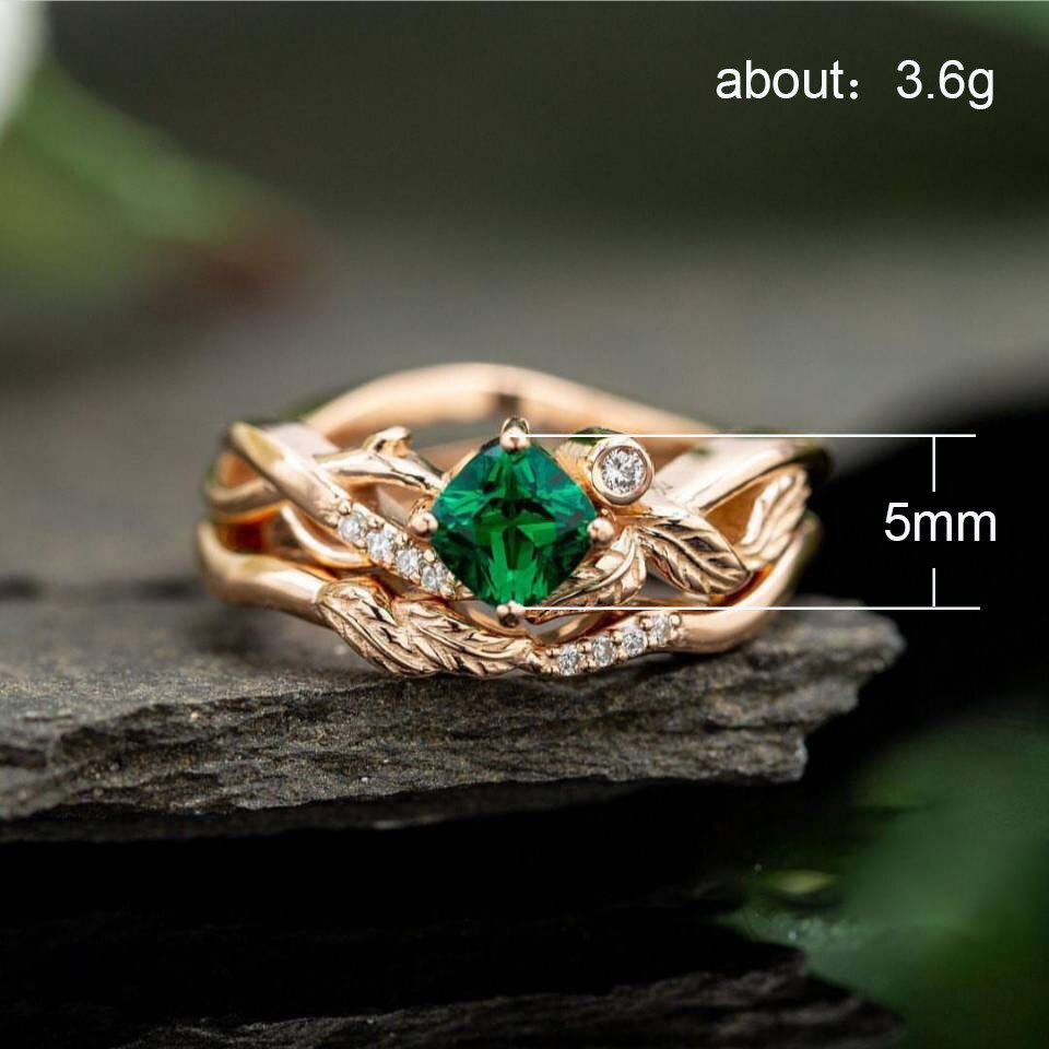 Huitan – bague de fiançailles motif plante romantique, anneau irrégulier avec pierre de Zircon cubique verte gémétrique, de bande de feuilles fraîches, tendance